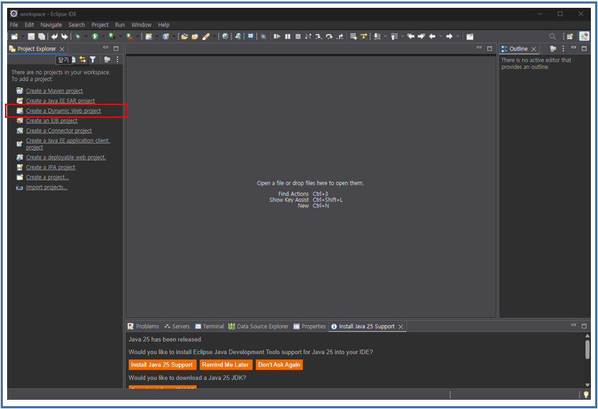 After launching Eclipse, select [Create a Dynamic Web Project].