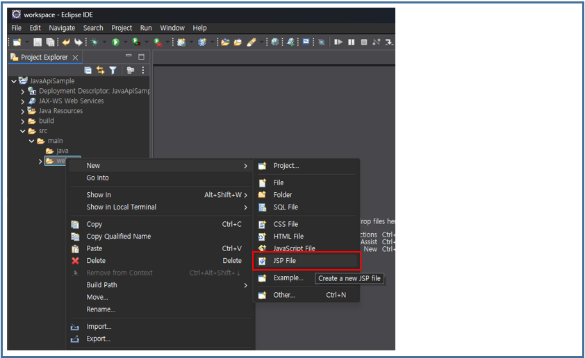 Right-click the webapp folder of the created project and select JSP File.