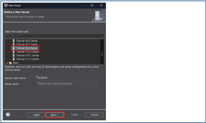 Select Apache > Tomcat v9.0 Server and proceed to the next step.