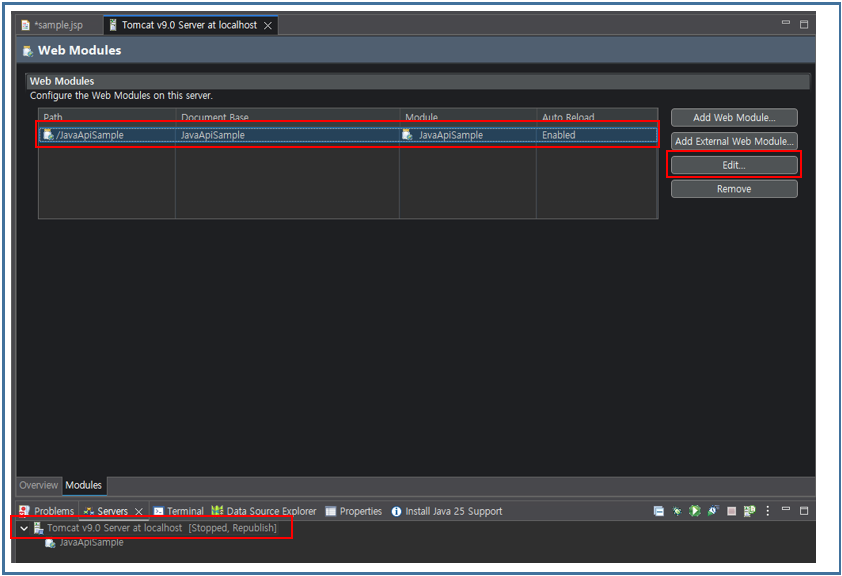 A new server has been created in the Servers tab at the bottom of the screen. Double-click it to move to the Modules tab.